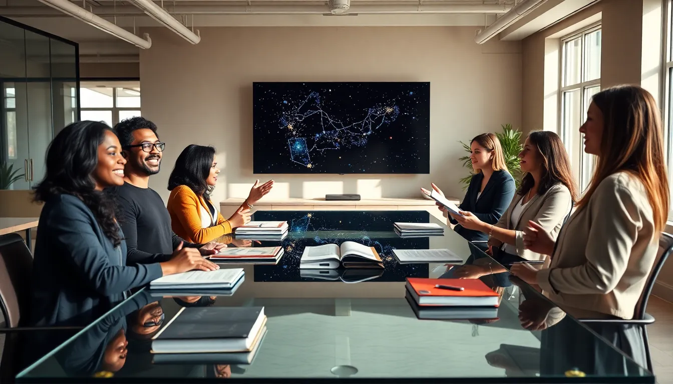 diverse professionals discussing astrology in a modern office.